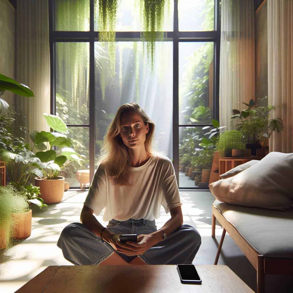 Relaxed person using digital detox apps.