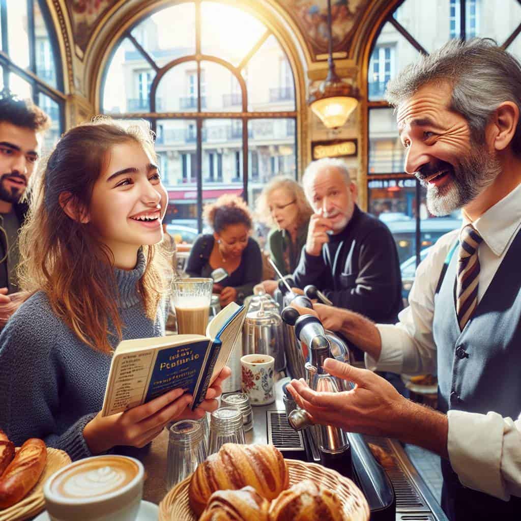Learning a language abroad in Paris café.